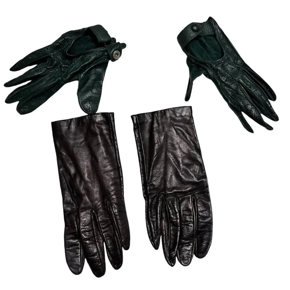 Vintage Brown leather gloves lined Size 7.5 plus green driving gloves